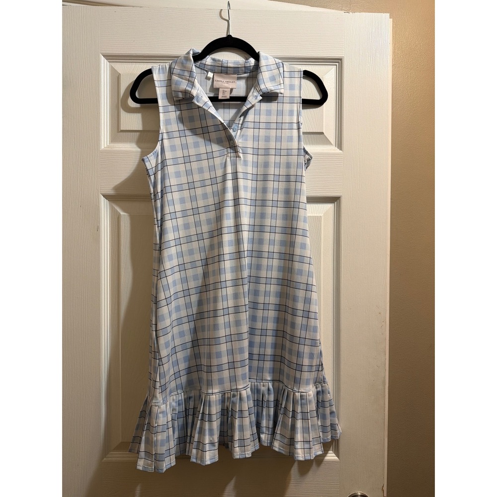 Laura Ashley Blue Plaid Sleeveless Polo Ruffle Hem Mini Dress Small Preppy Golf